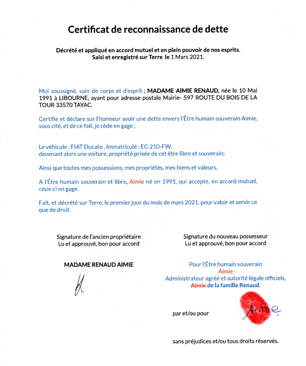 Aimie Renaud certificat de reconnaissance de dette