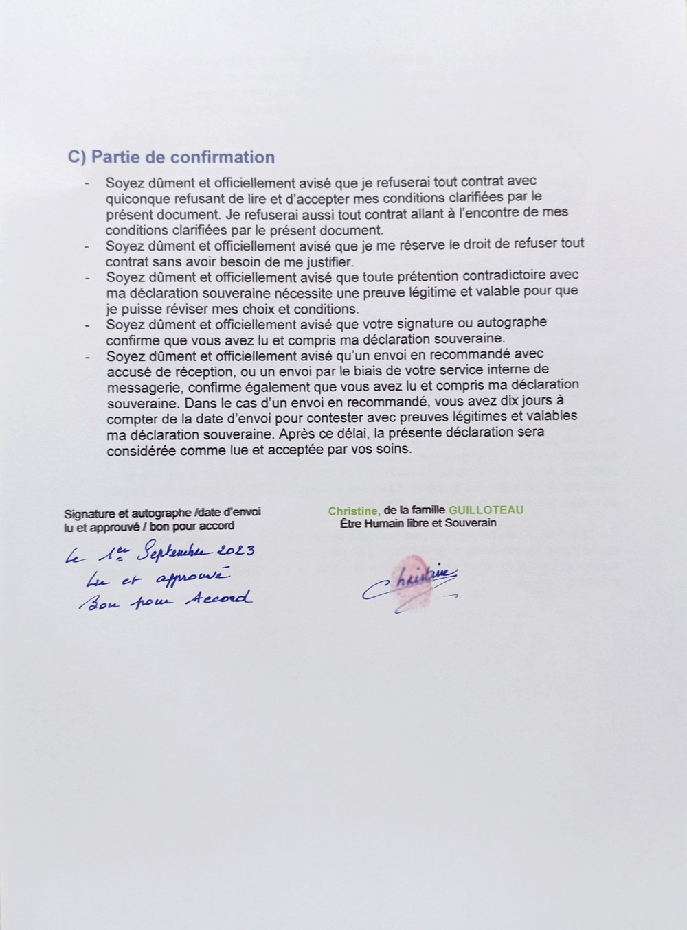 declaration souveraine autographe derniere page Christine GUILLOTEAU