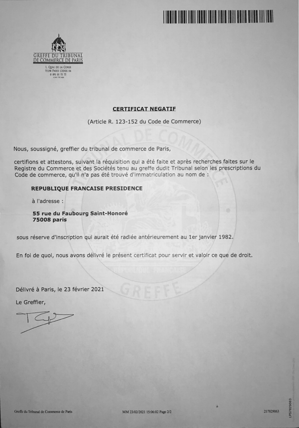 62 certificat du greffier republique française presidence