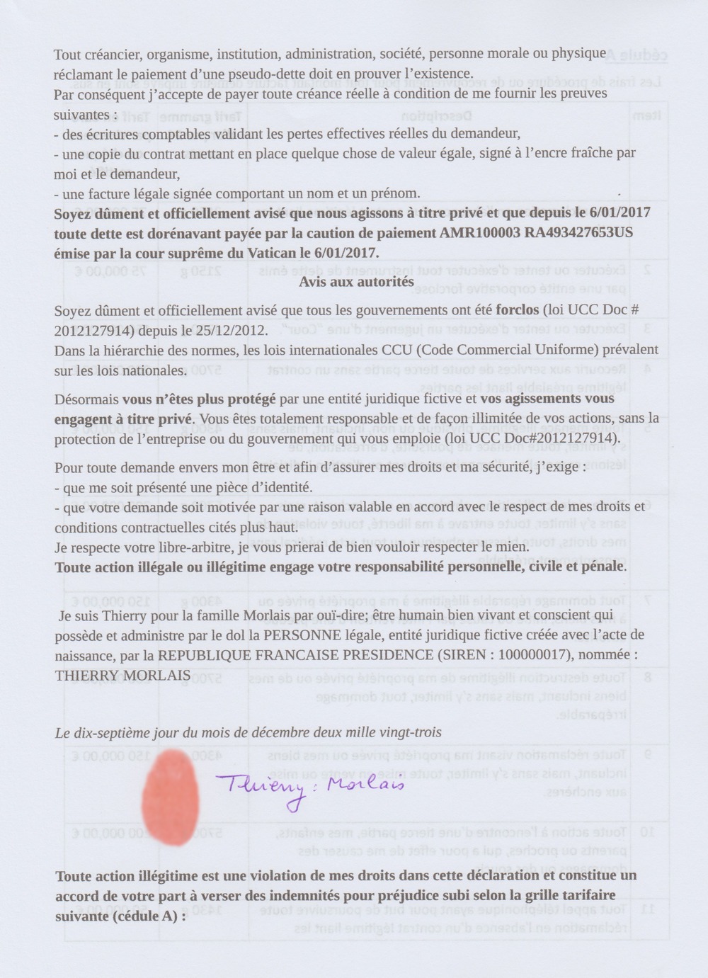 proclamation des droits autographe Thierry